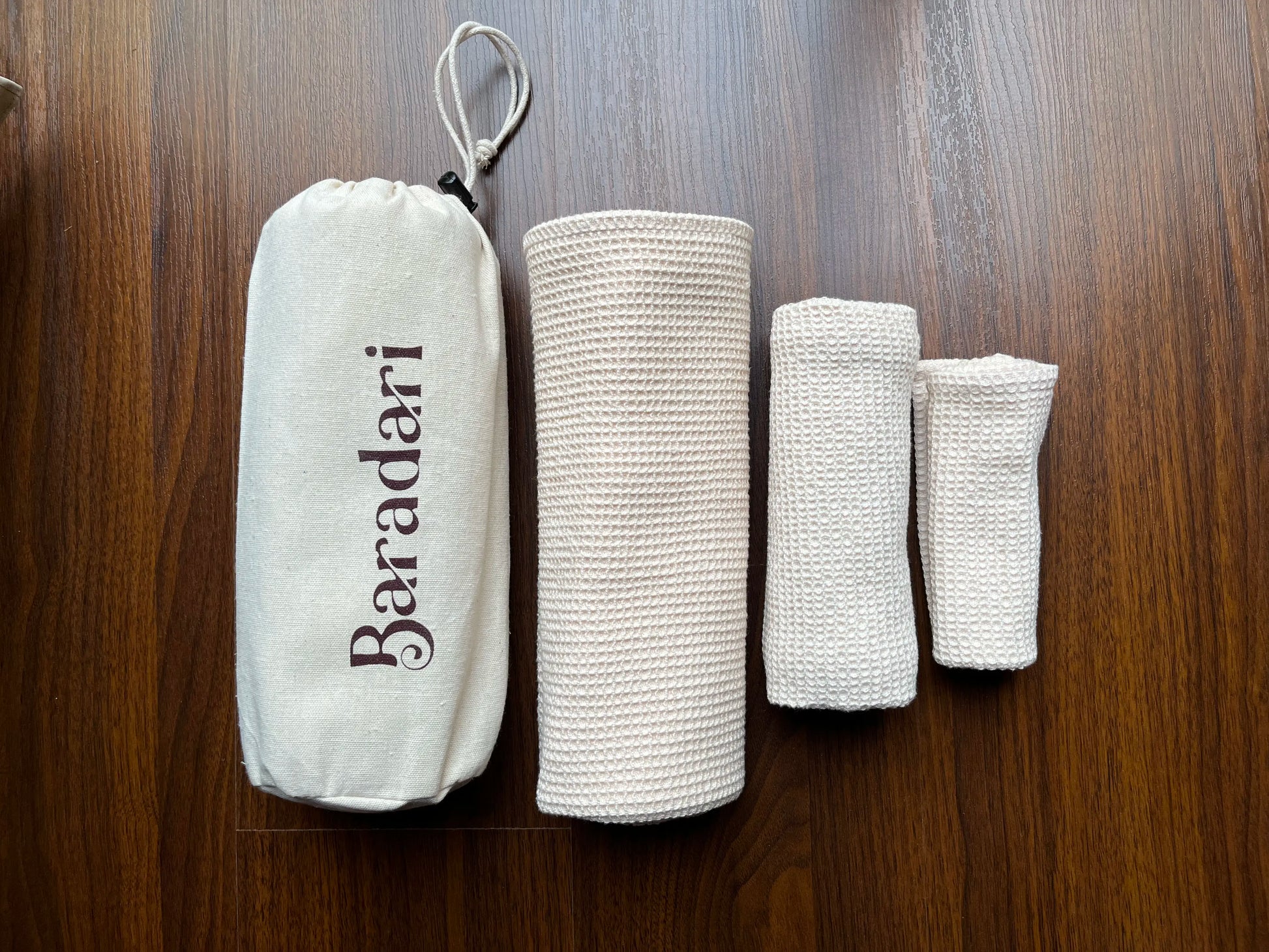 Baradari travel towels in three different sizes and water roof pouch