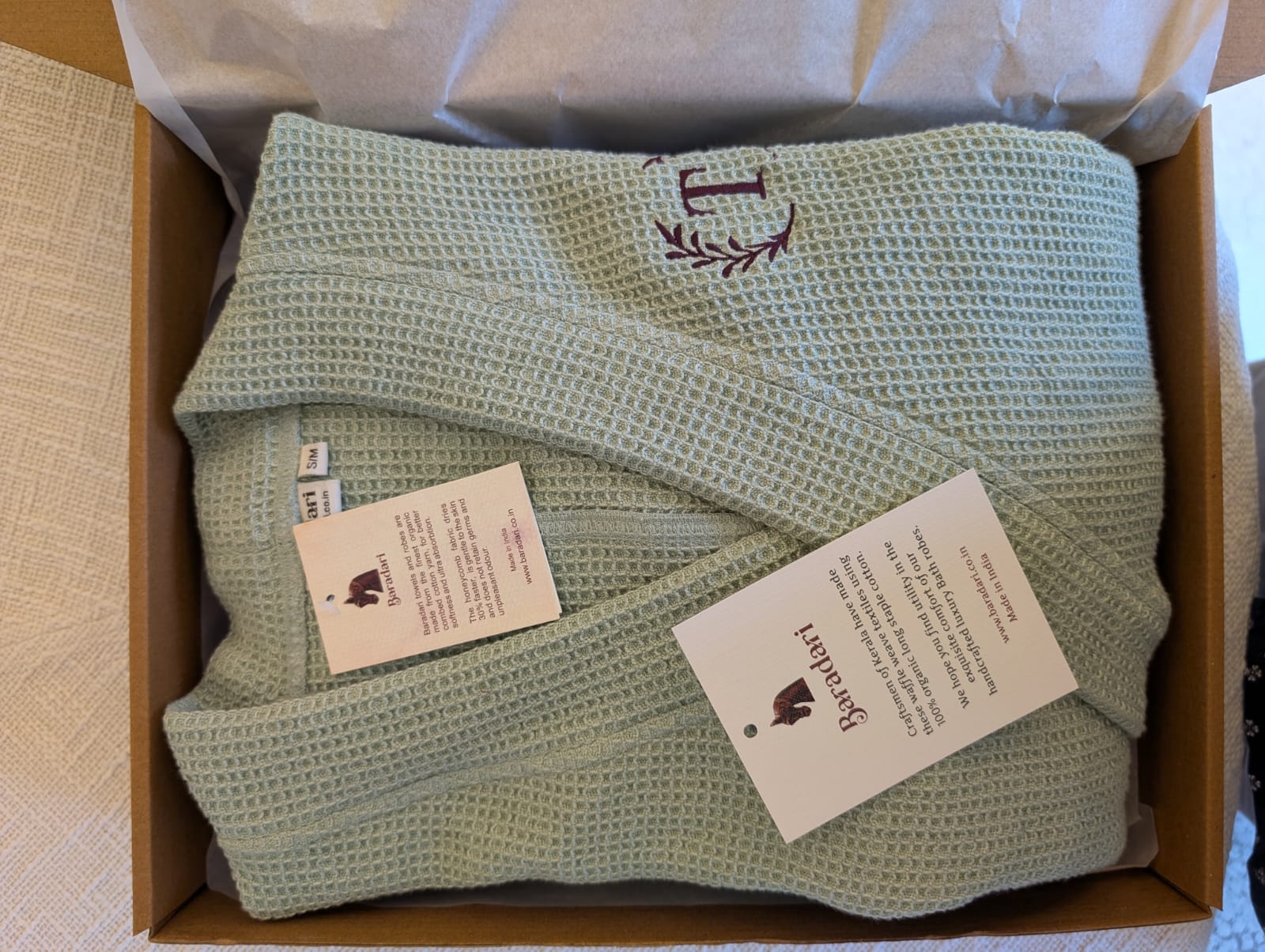 "Baradari pure cotton bath robe in sage green with custom monogram embroidery unboxing — personalised organic cotton unisex bath robe gifting by Baradari"